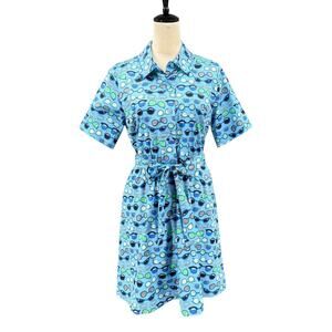 Studio Park PETITE Blue Sunglasses Novelty Print Belted Button Up Shirt Dress